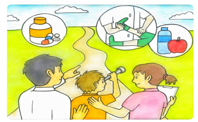 医療者と家族が、子どもの将来の治療や生活について話し合っている様子